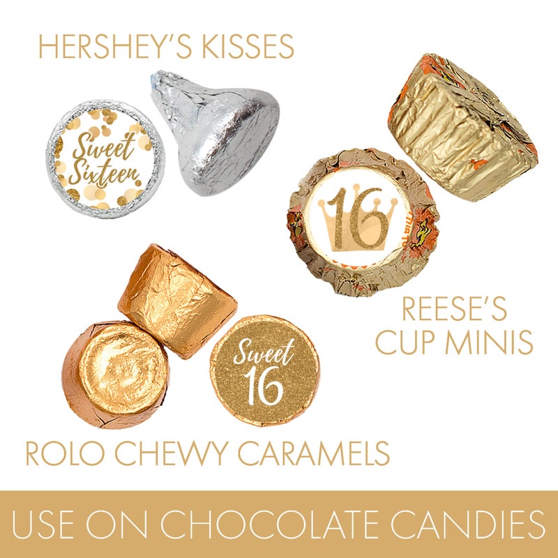 DISTINCTIVS White and Gold Sweet 16 Birthday Party Favor Chocolate Kisses Candy Stickers, Sweet Sixteen Stickers - 180 Count - Image 4